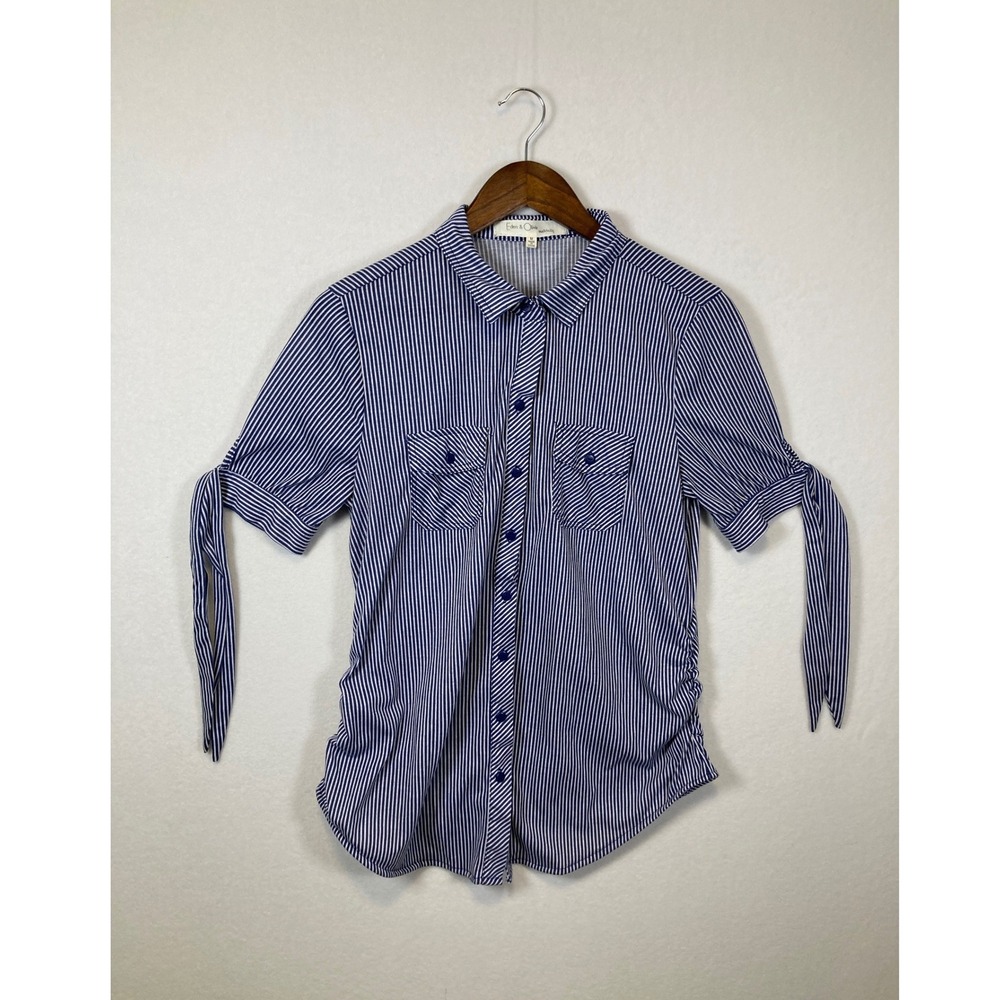 Eden & Olivia Maternity Blue White Striped Ruched Button Down‎ Shirt Mens M